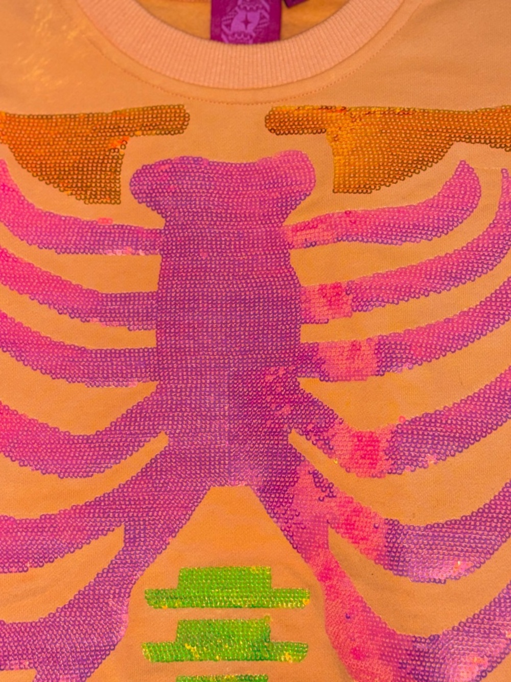 Queen of Sparkles QOS XS neon orange skeleton cropped sweatshirt - Picture 3 of 5